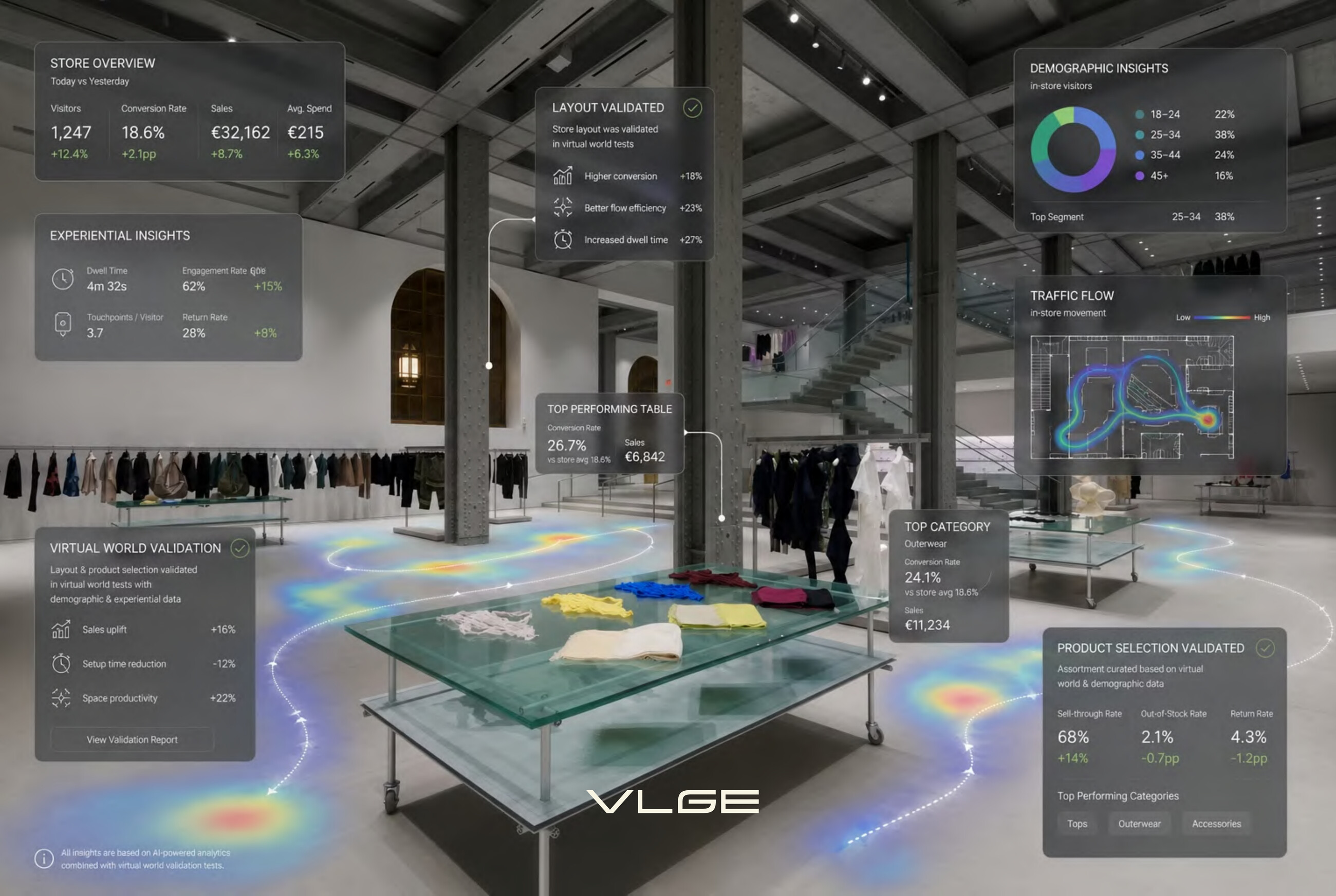A VLGE behavioral layer over a store: dwell heatmaps, paths and conversion panels