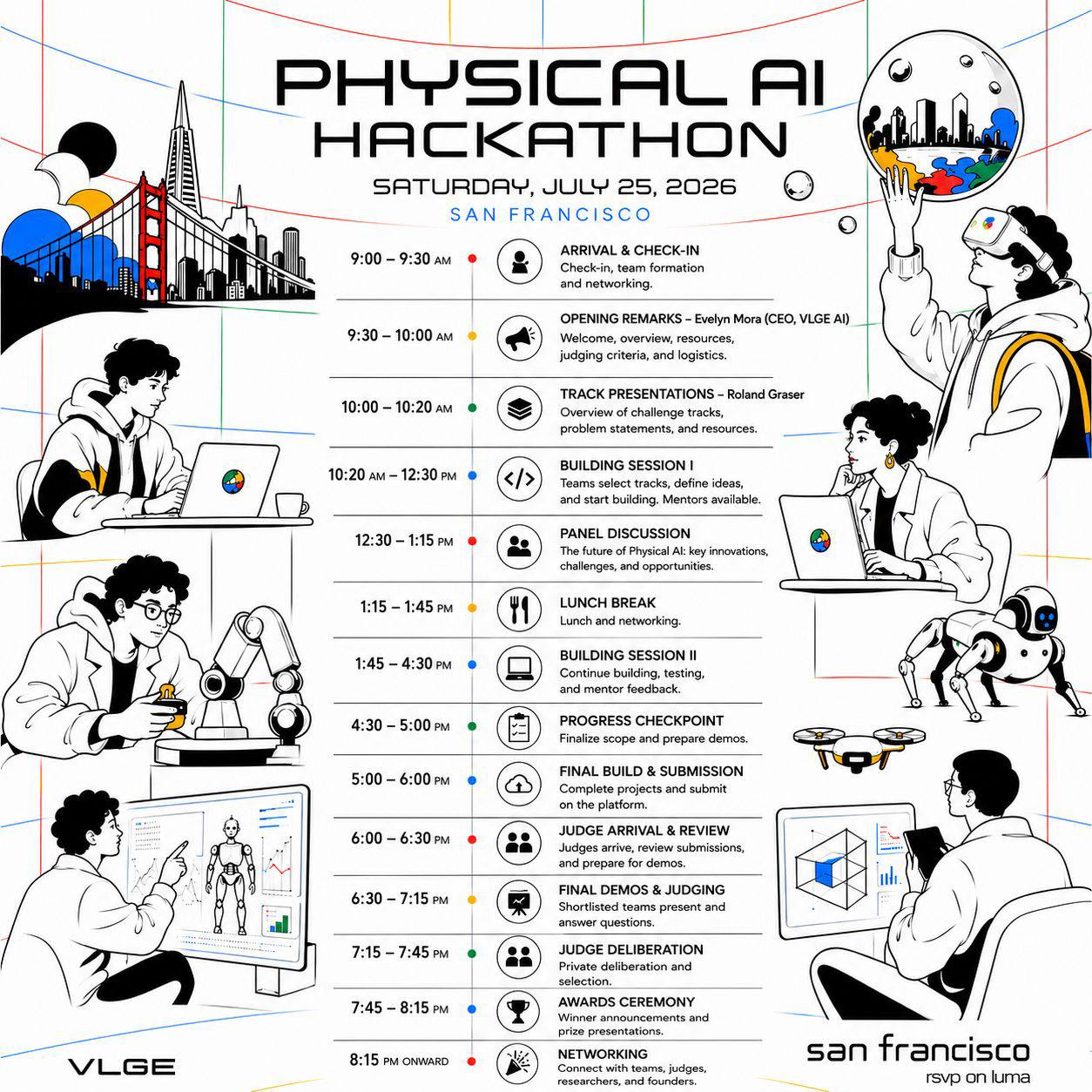 Physical AI Hackathon schedule poster for Saturday, July 25, 2026 in San Francisco